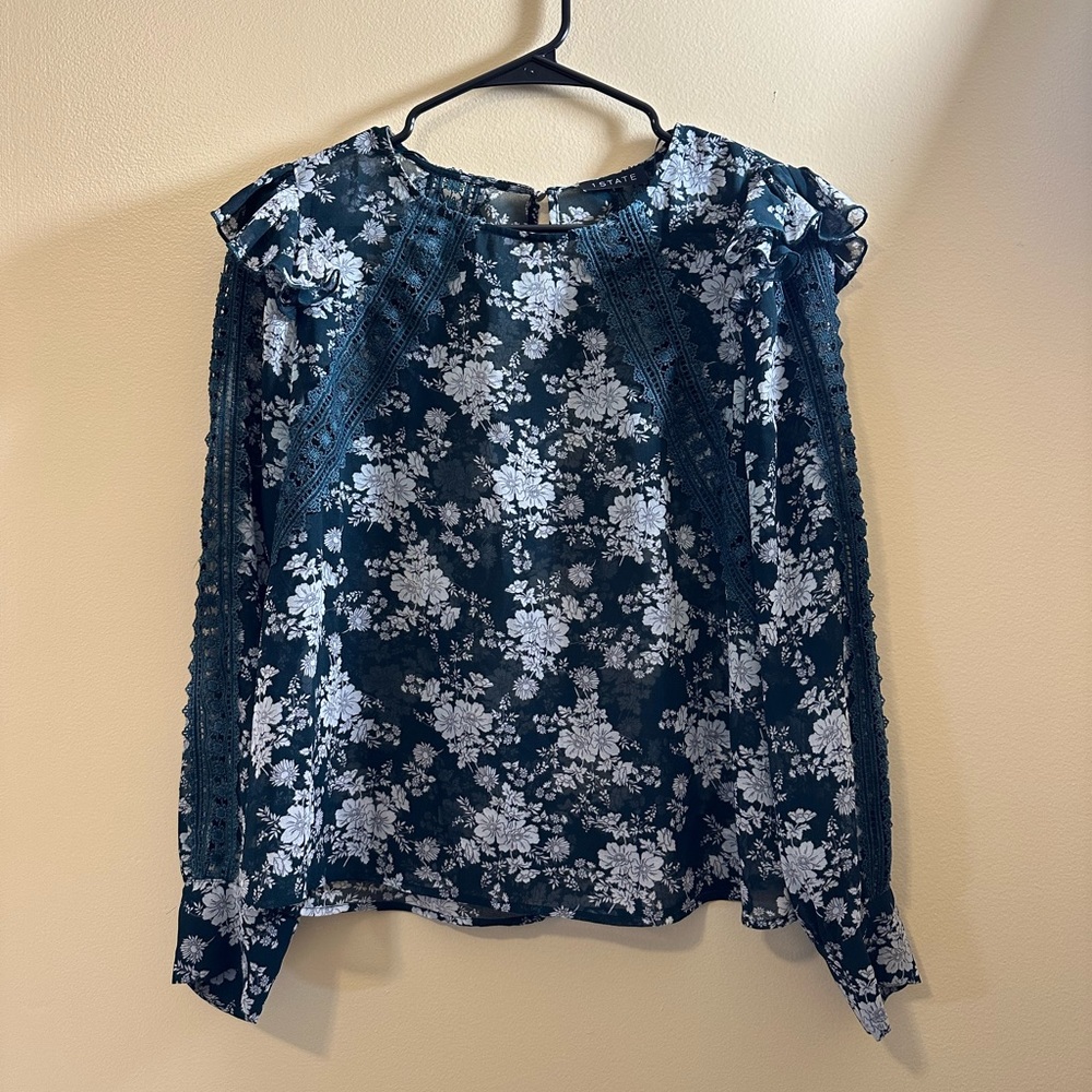 Dainty green floral lace trim blouse